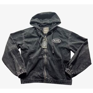 Von Dutch Denim Zip Up Hoodie Mens M Black NWT Acid Wash Y2K Logo Patch Graphic